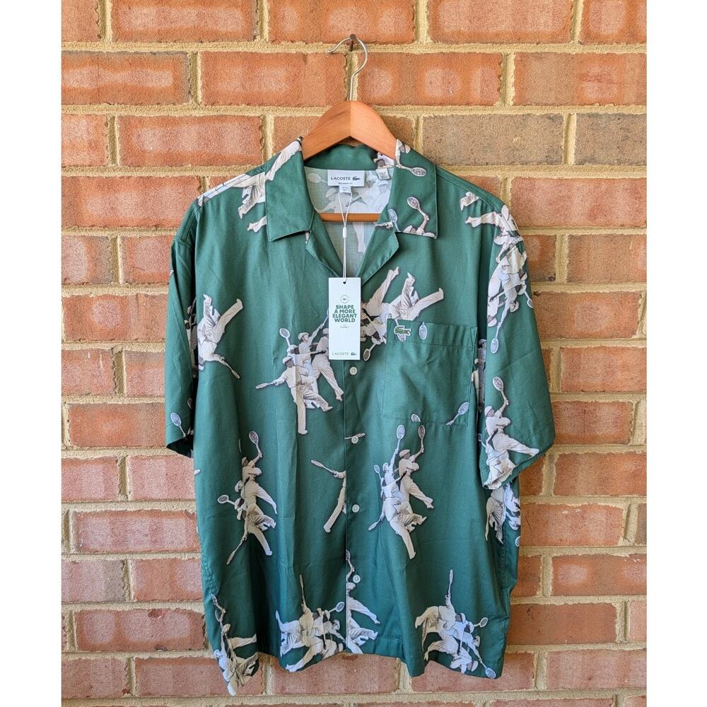 Lacoste Rene Tennis Retro Print Relaxed Fit Button Down Camp Shirt New Large Men